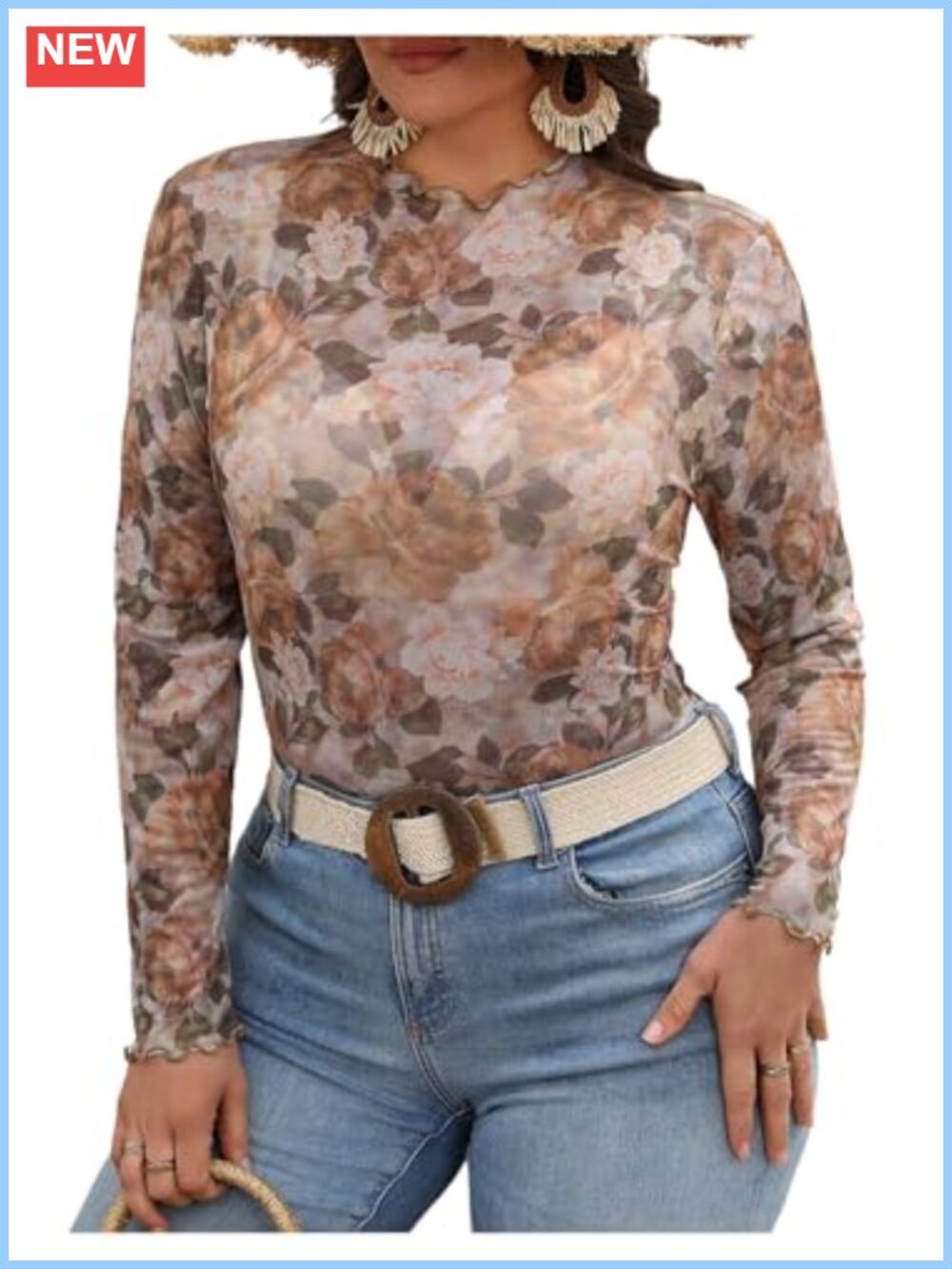 Plus Size Sheer Mesh Floral Print Long Sleeve Round Neck Blouse
